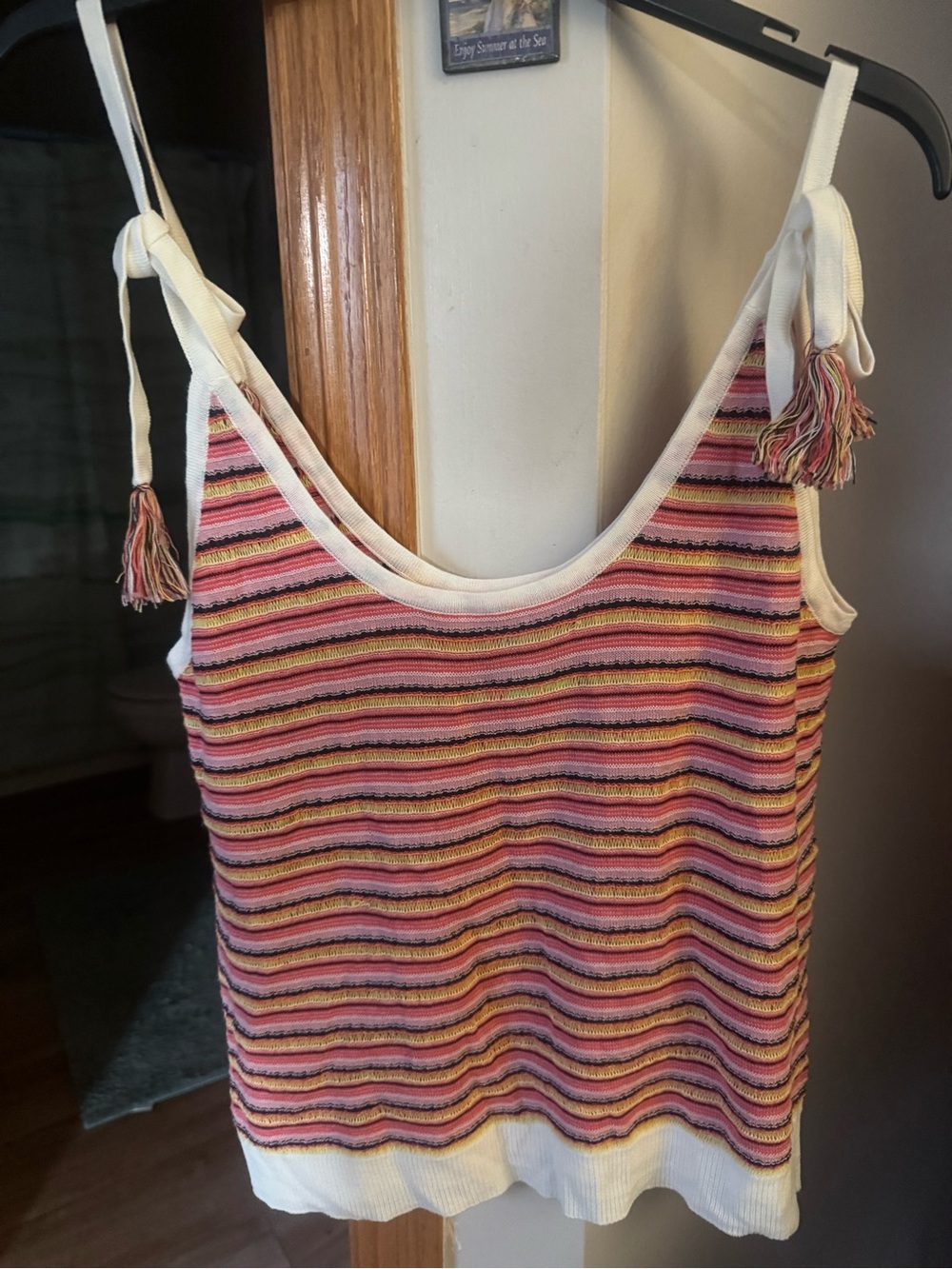 BB Dakota Striped Knit Tank Top in Pink, Cream and Tan with Tassel Ties
